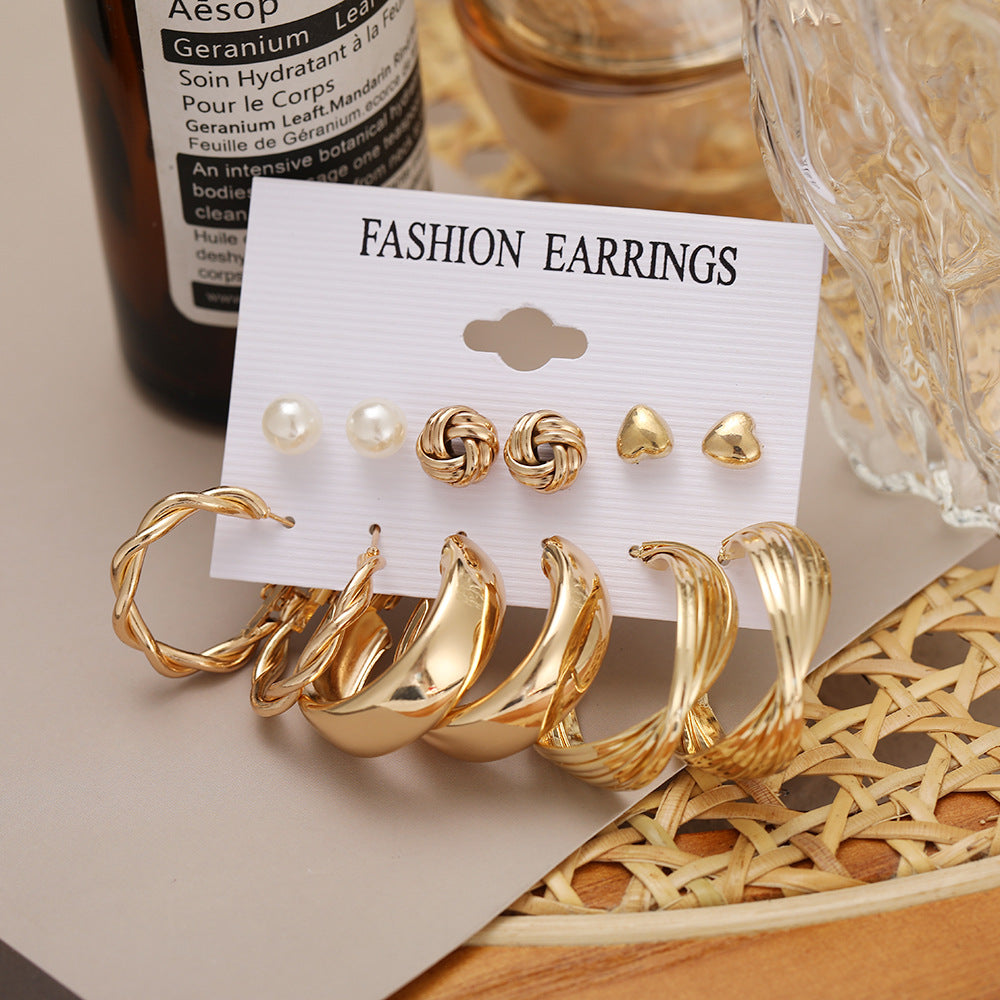 Punk Geometric Twisted Heart Gold Earrings Set - 6 Pairs