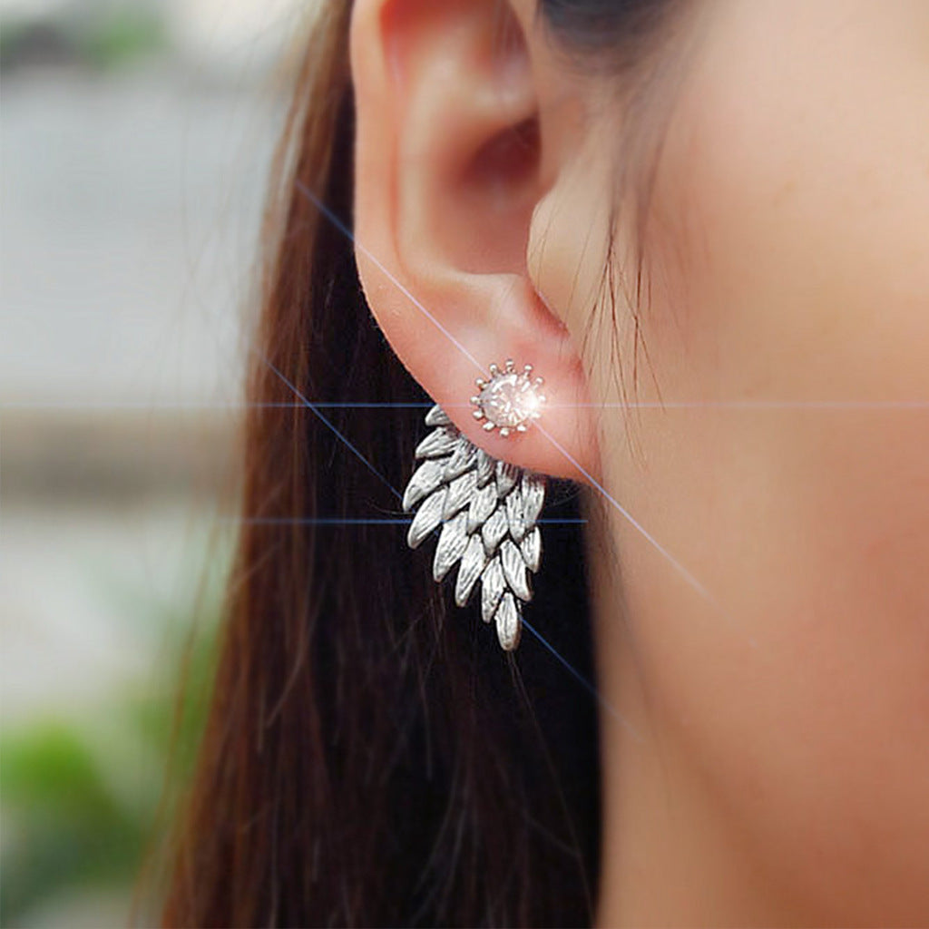Retro Angel Wings Feather Alloy Earrings with Diamond Accents