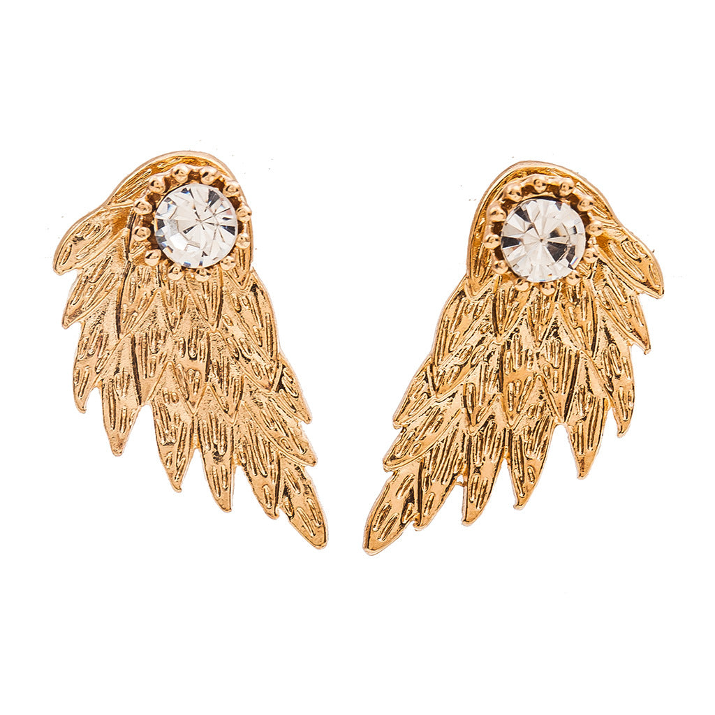 Retro Angel Wings Feather Alloy Earrings with Diamond Accents
