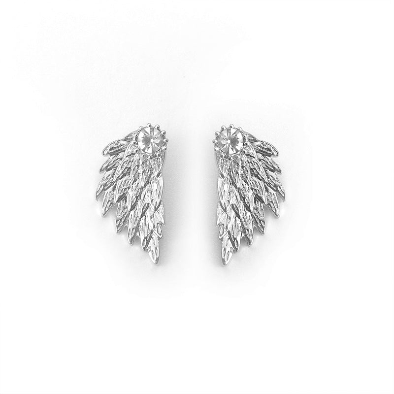 Retro Angel Wings Feather Alloy Earrings with Diamond Accents