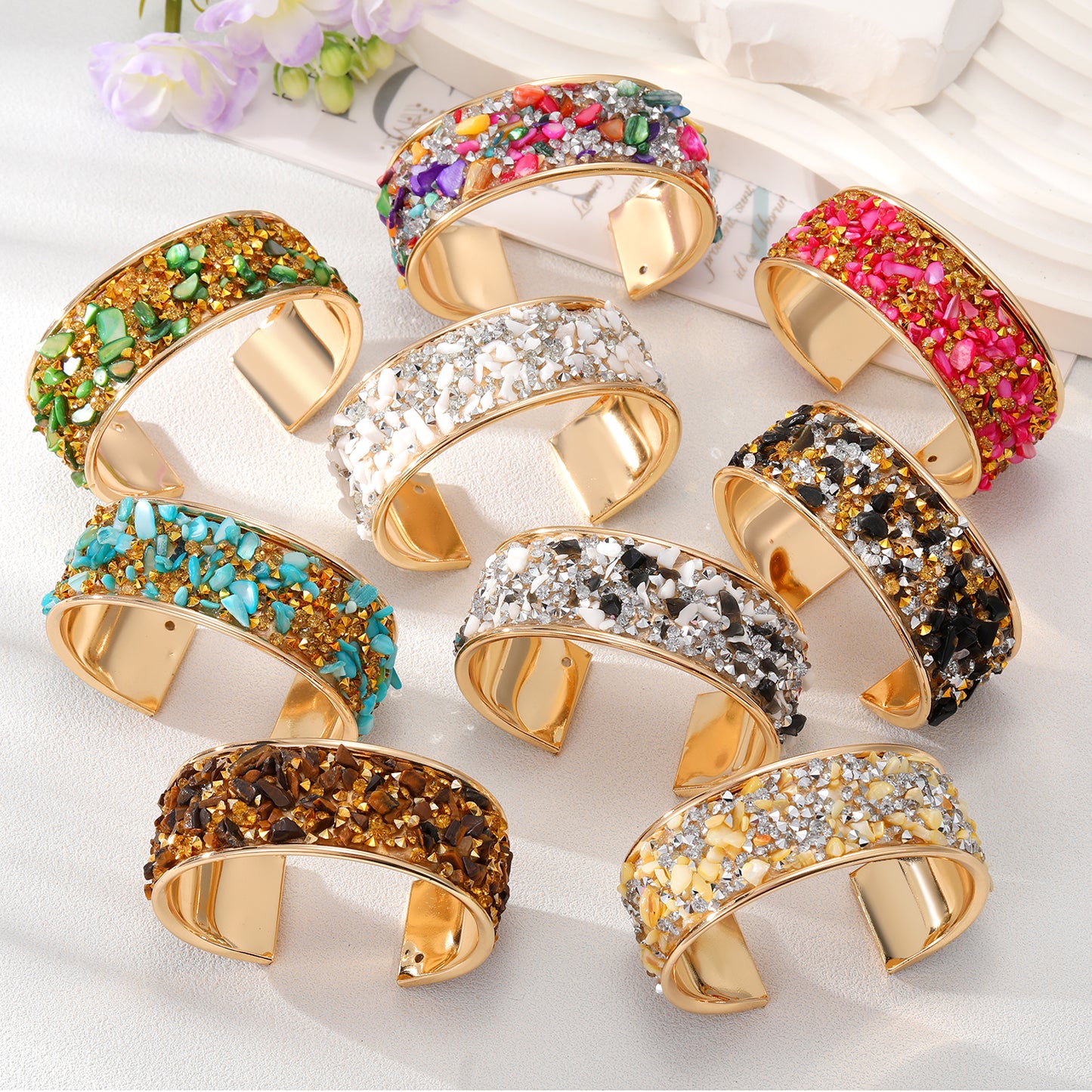 Retro Bohemian Colorful Stone Alloy Plated Bangle Bracelet