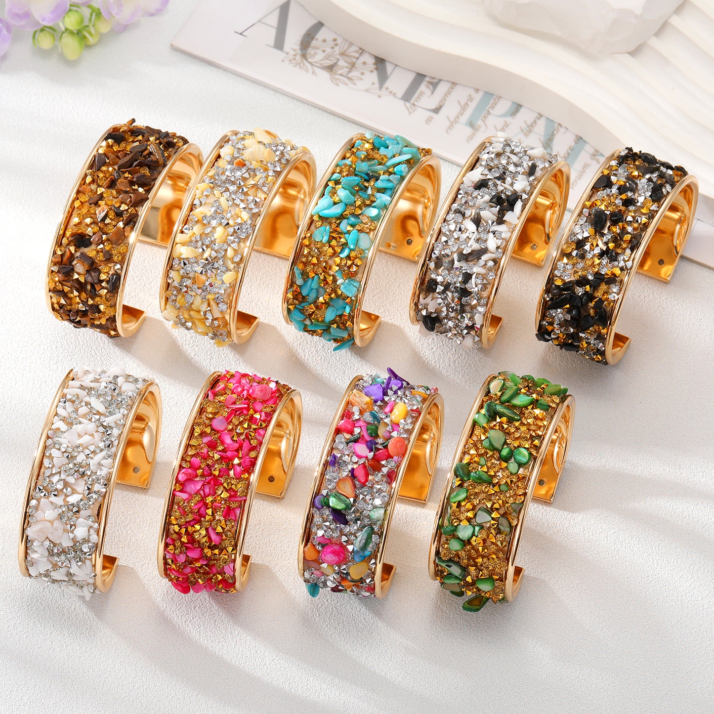 Retro Bohemian Colorful Stone Alloy Plated Bangle Bracelet
