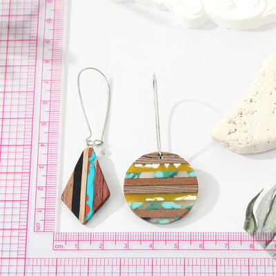 Retro Bohemian Colorful Wood Resin Geometric Pendant Earrings