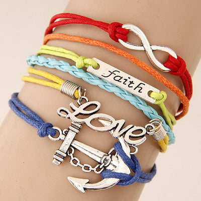 Retro Creative Love Anchor & Animal Charm Multi-layer Braided Bracelet