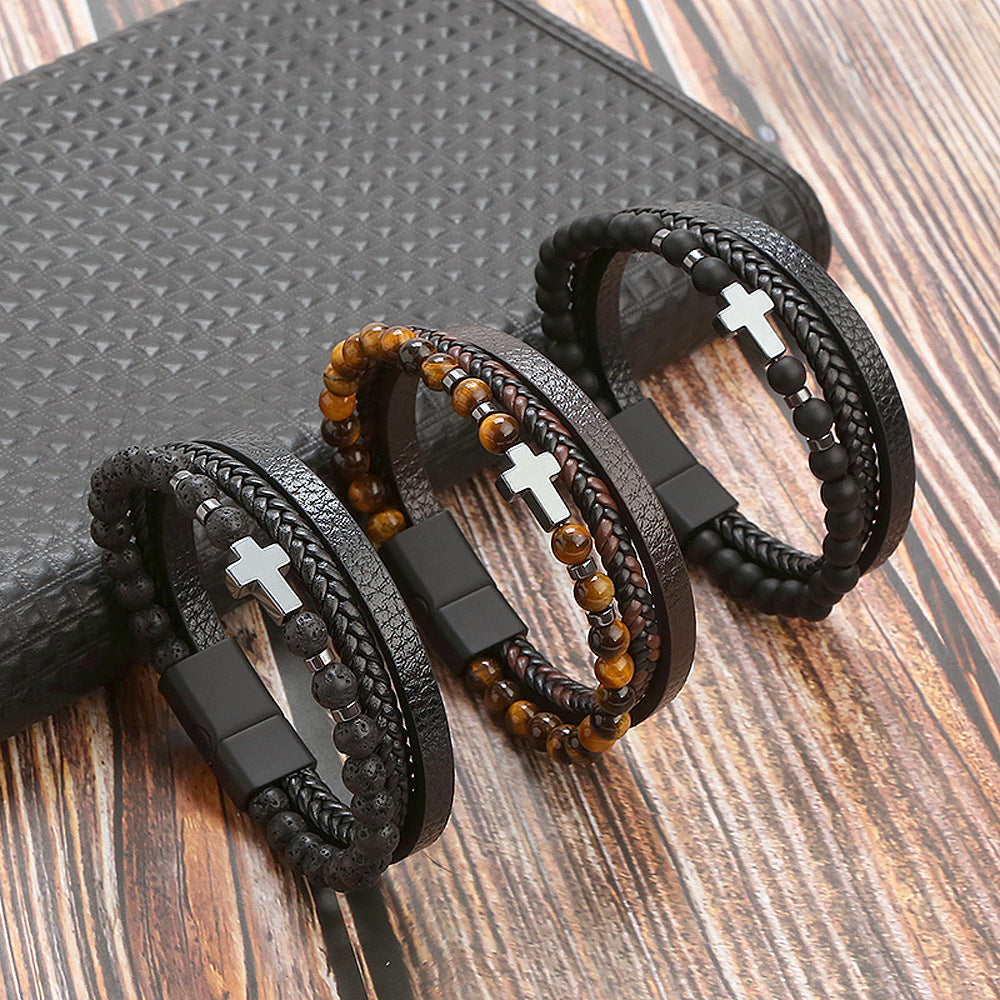 Retro Cross Alloy Natural Stone Tiger Eye Men's Bracelet