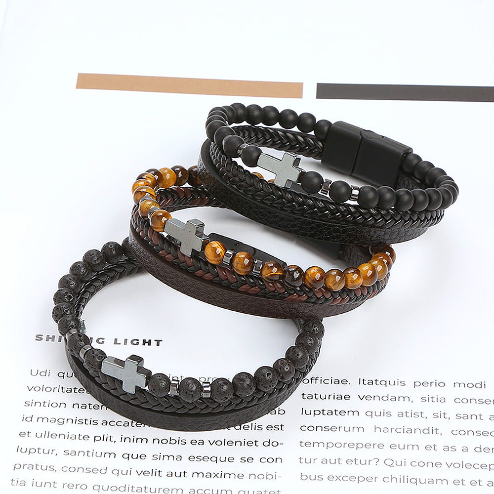 Retro Cross Alloy Natural Stone Tiger Eye Men's Bracelet