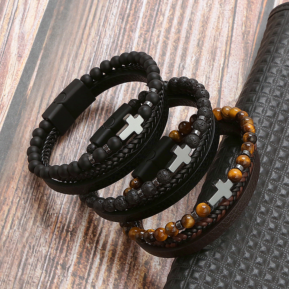 Retro Cross Alloy Natural Stone Tiger Eye Men's Bracelet
