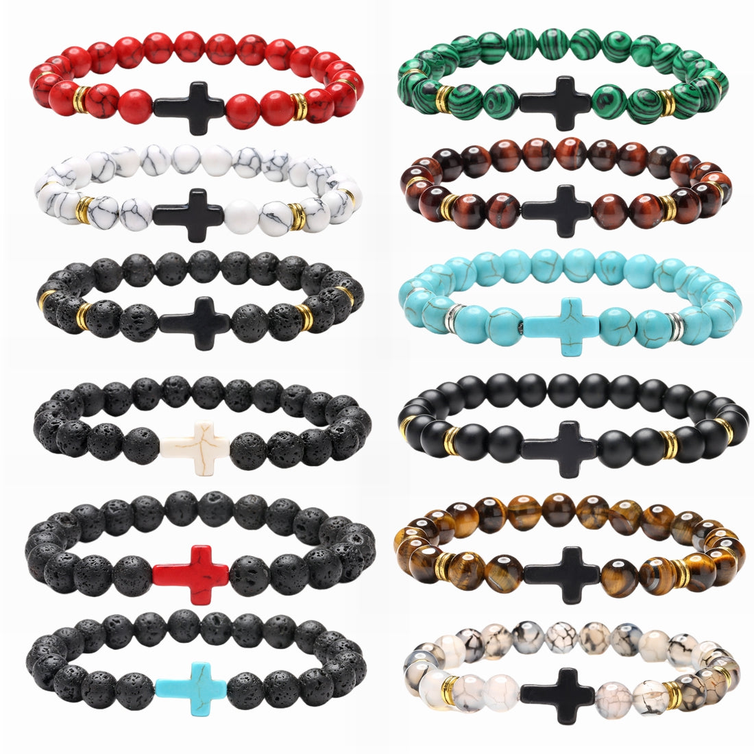 Retro Cross Beaded Turquoise Tiger Eye Lava Stone Bracelet