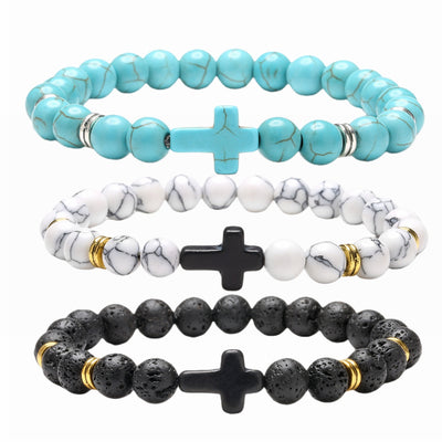 Retro Cross Beaded Turquoise Tiger Eye Lava Stone Bracelet