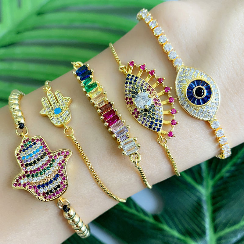Retro Rainbow Devil's Eye Gold Plated Zircon Adjustable Bracelet