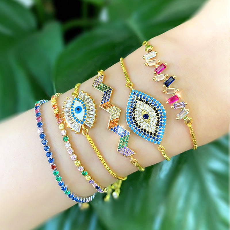 Retro Rainbow Devil's Eye Gold Plated Zircon Adjustable Bracelet