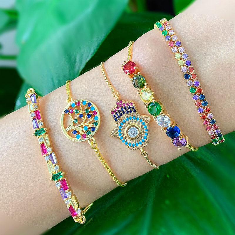 Retro Rainbow Devil's Eye Gold Plated Zircon Adjustable Bracelet