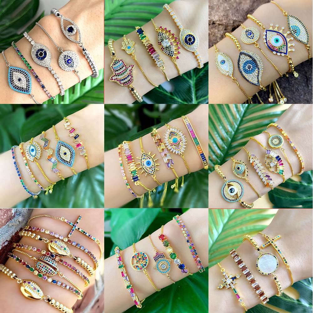 Retro Rainbow Devil's Eye Gold Plated Zircon Adjustable Bracelet