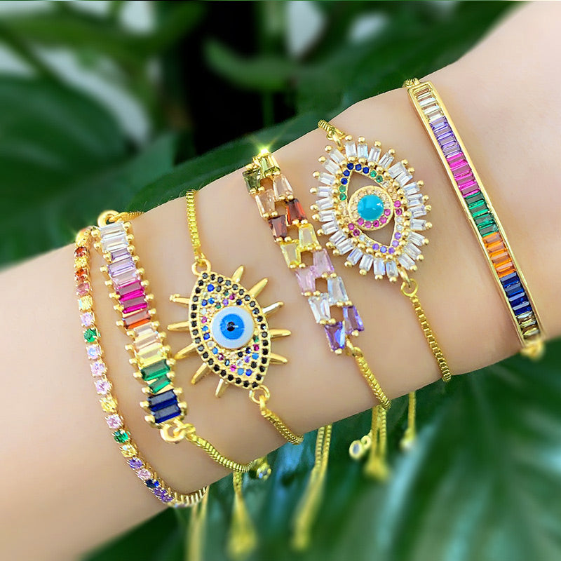 Retro Rainbow Devil's Eye Gold Plated Zircon Adjustable Bracelet