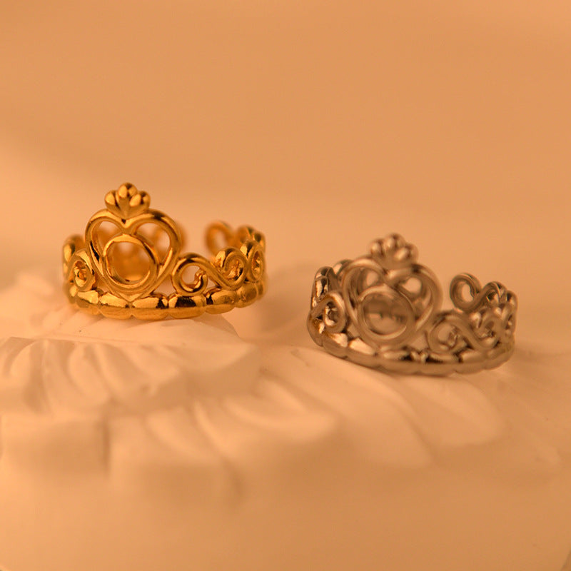 Retro Crown Titanium Steel Open Ring - 18K Gold Plated Fashion Statement Ring