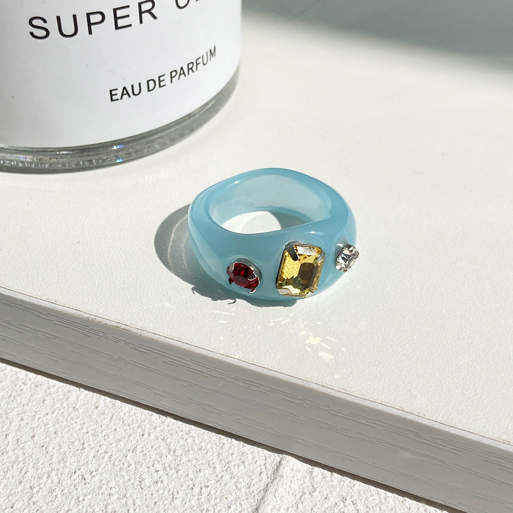 Retro Resin Acrylic Diamond Ring - Jelly Color Statement Piece
