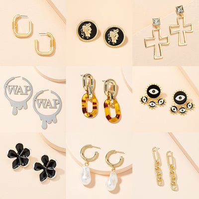 Retro Geometric Pearl Chain Earrings