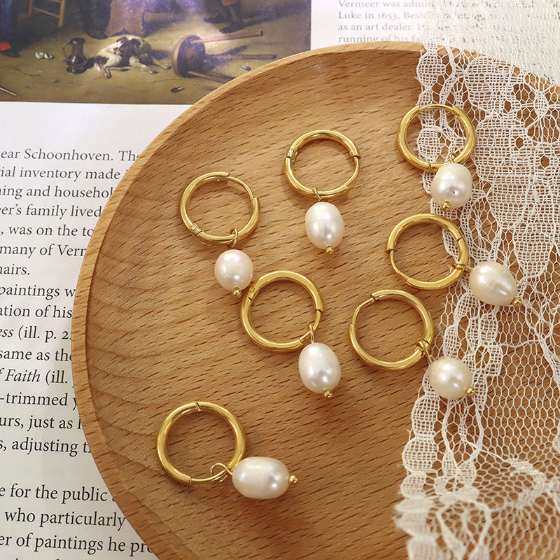 Retro Freshwater Pearl 18K Gold Plated Titanium Steel Hoop Drop Earrings