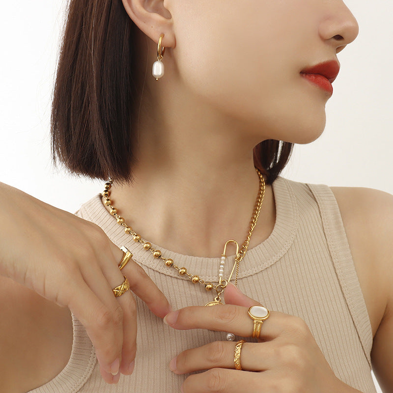 Retro Freshwater Pearl 18K Gold Plated Titanium Steel Hoop Drop Earrings