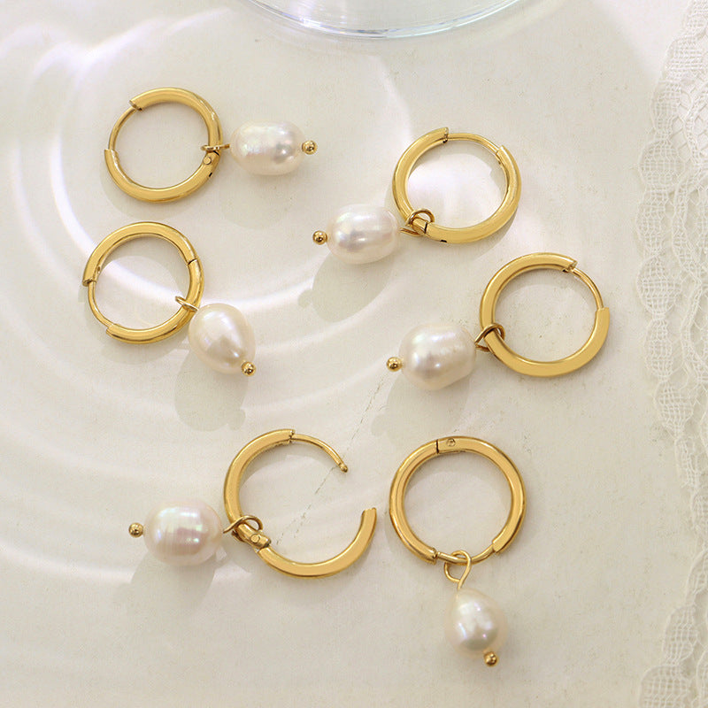 Retro Freshwater Pearl 18K Gold Plated Titanium Steel Hoop Drop Earrings