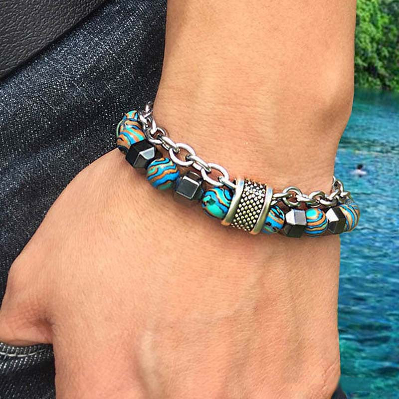 Retro Geometric Alloy Malachite Men's Beaded Bracelet