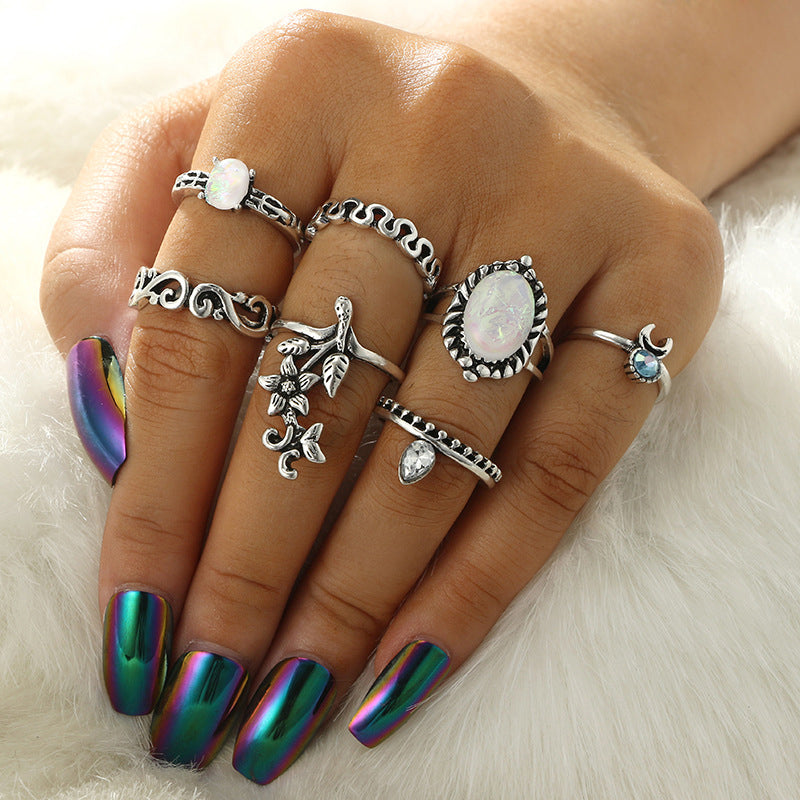 Retro Geometric Alloy Inlay Opal Gemstone Ring Set - 8 Pieces