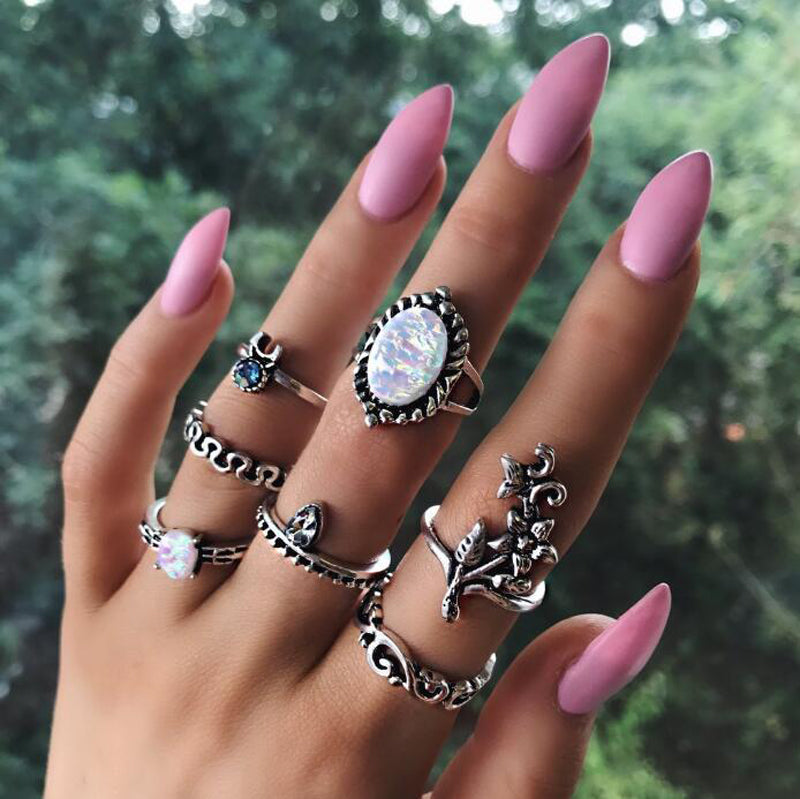 Retro Geometric Alloy Inlay Opal Gemstone Ring Set - 8 Pieces