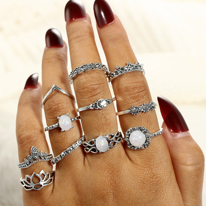 Retro Geometric Alloy Inlay Opal Gemstone Ring Set - 8 Pieces