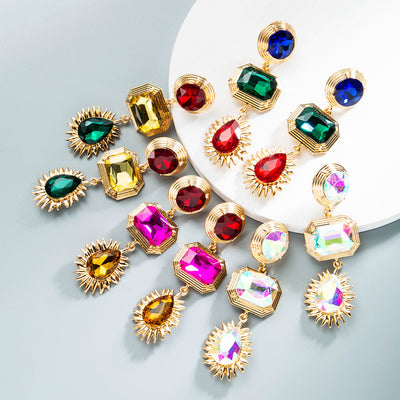 Retro Geometric Colorful Rhinestone Long Earrings for Women