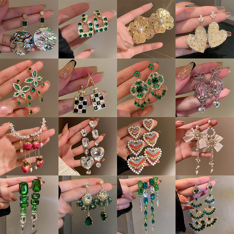 Retro Geometric Heart Bow Knot Zircon Tassel Drop Earrings in Sterling Silver