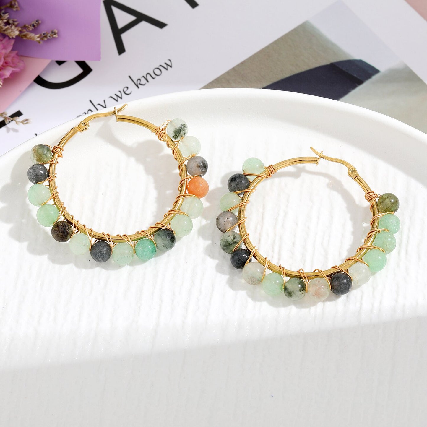 Retro Geometric Stainless Steel Natural Stone Beaded Hoop Earrings