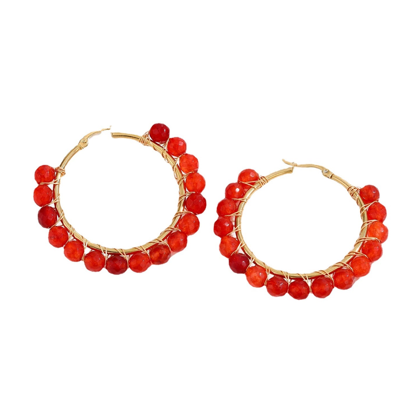 Retro Geometric Stainless Steel Natural Stone Beaded Hoop Earrings