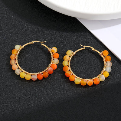 Retro Geometric Stainless Steel Natural Stone Beaded Hoop Earrings