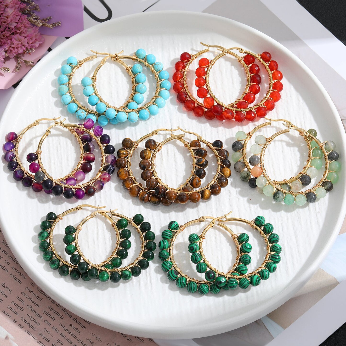 Retro Geometric Stainless Steel Natural Stone Beaded Hoop Earrings