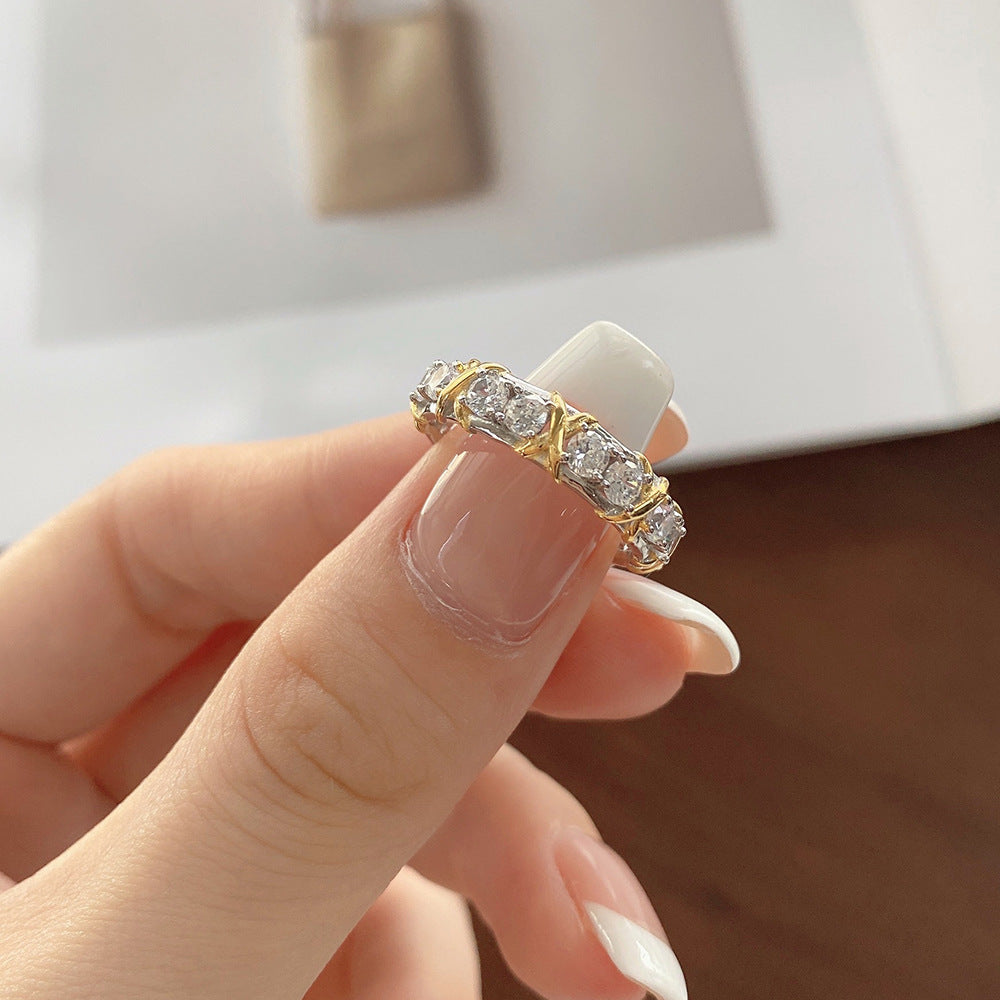 Retro Geometric Sterling Silver Zircon Inlay Two-Tone Ring for Women