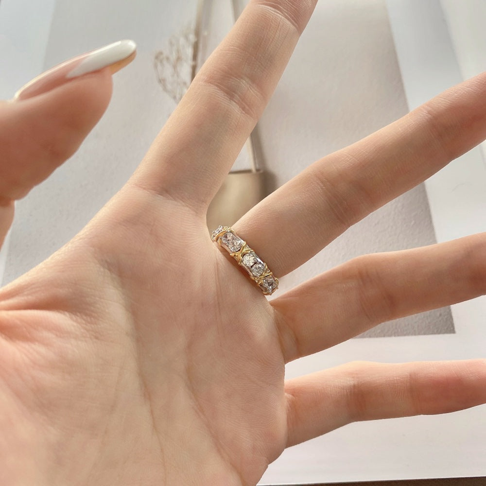 Retro Geometric Sterling Silver Zircon Inlay Two-Tone Ring for Women