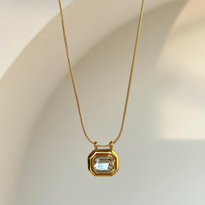 Retro Geometric Zircon Pendant Necklace with 18K Gold Plated Titanium Steel Chain