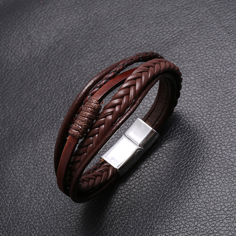 Retro Hand-woven Multilayer Leather Bracelet with Alloy Magnetic Clasp
