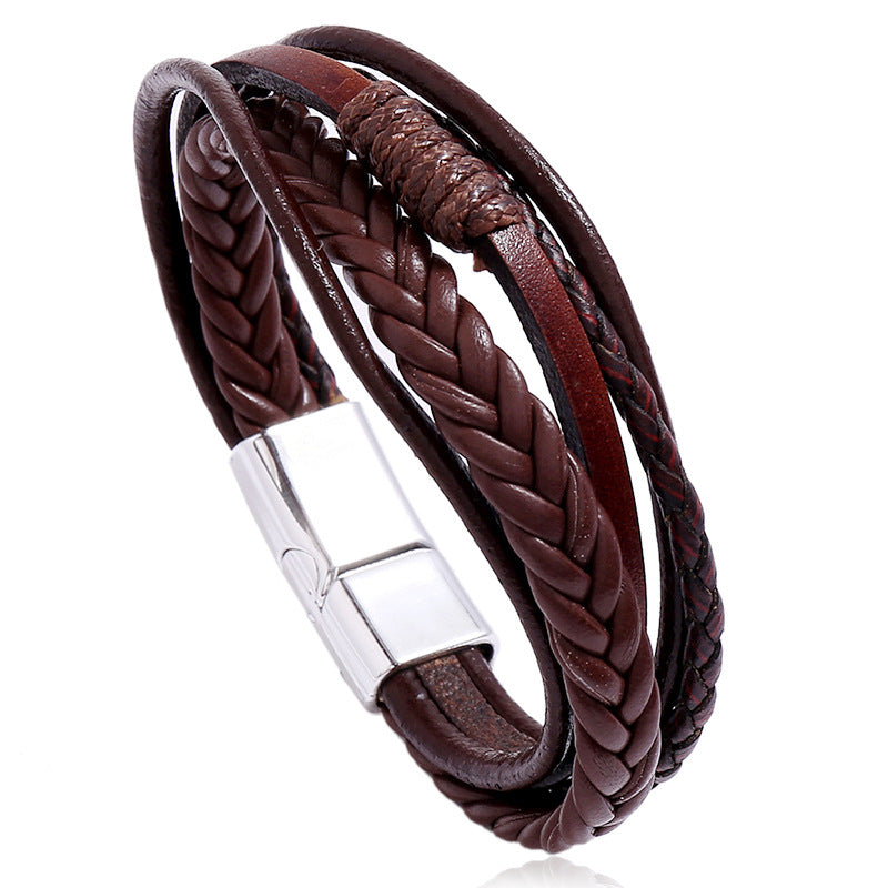Retro Hand-woven Multilayer Leather Bracelet with Alloy Magnetic Clasp