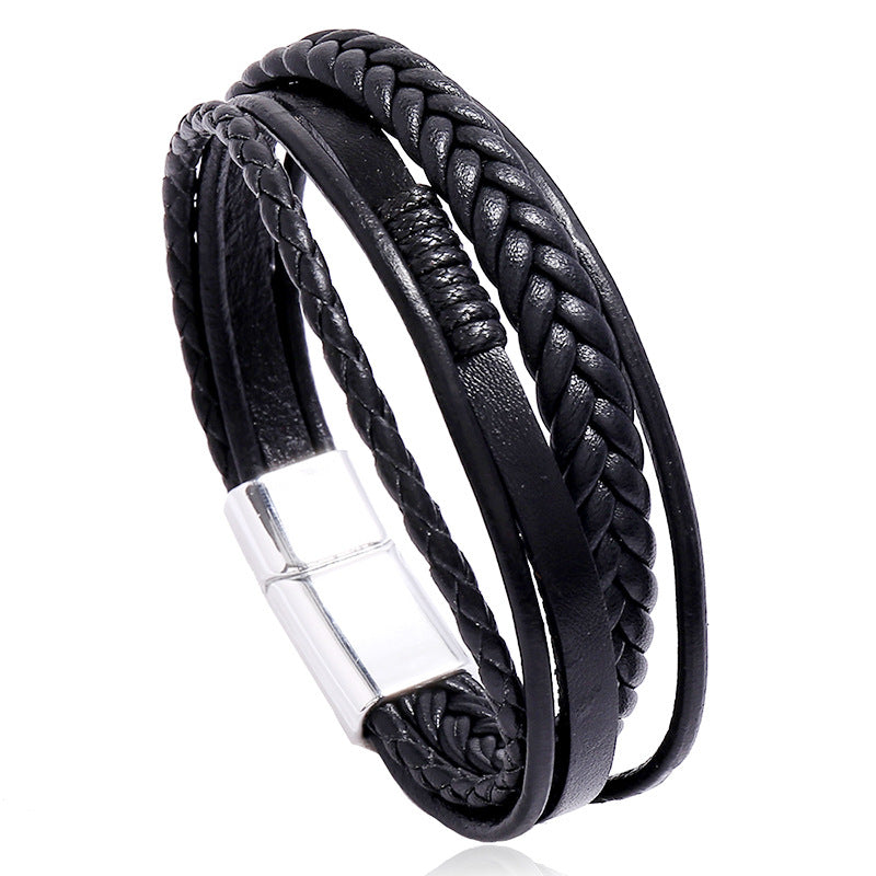 Retro Hand-woven Multilayer Leather Bracelet with Alloy Magnetic Clasp