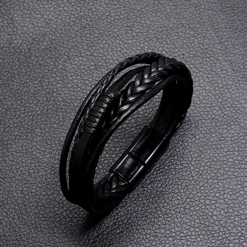 Retro Hand-woven Multilayer Leather Bracelet with Alloy Magnetic Clasp