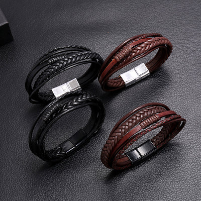 Retro Hand-woven Multilayer Leather Bracelet with Alloy Magnetic Clasp