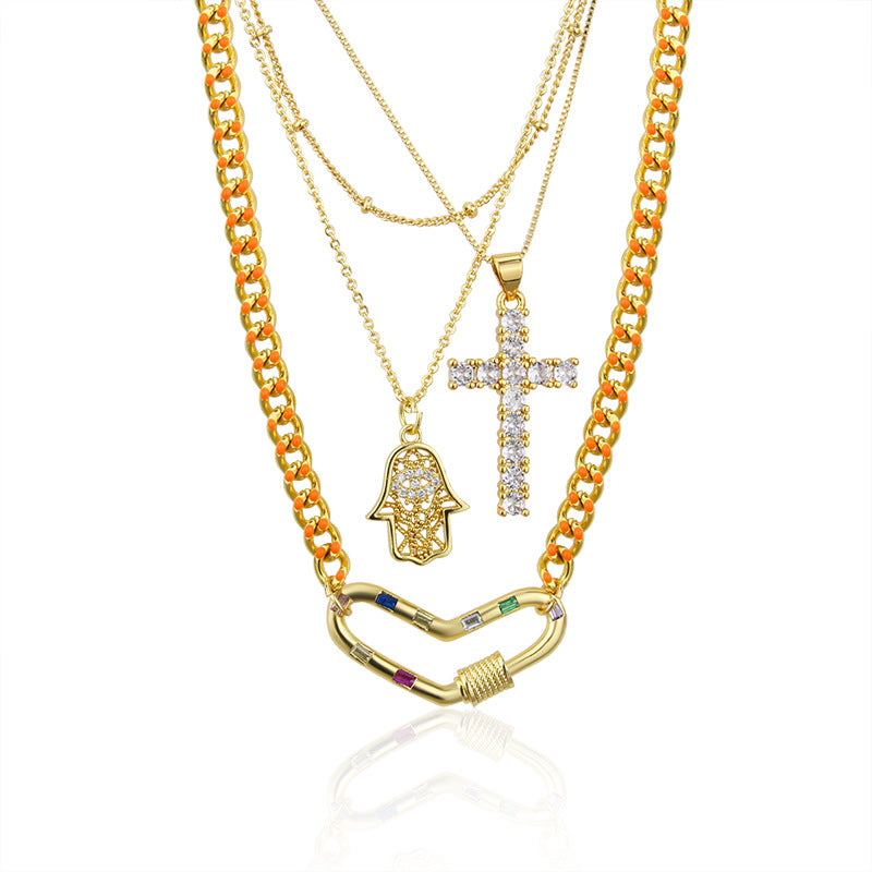 Retro Heart Cross Gold-plated Zircon Stainless Steel Necklace for Women