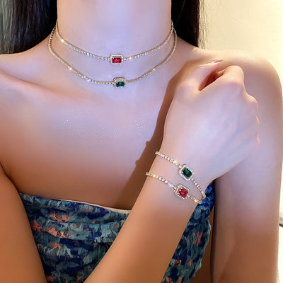 Retro Inlaid Rhinestone Geometric Bracelet and Necklace Set - Minimalist Chic Jewelry for Women
