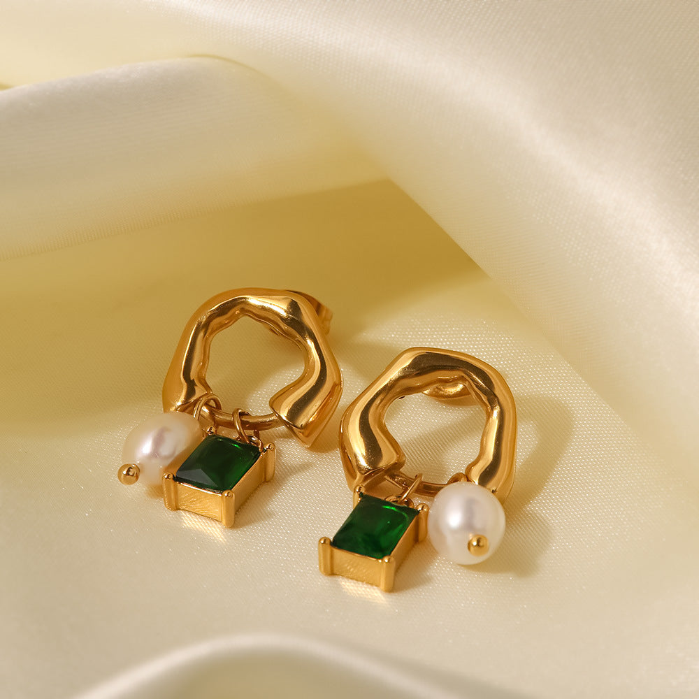 Retro Irregular 18k Gold Plated Stainless Steel Drop Earrings with Zircon and Freshwater Pearl