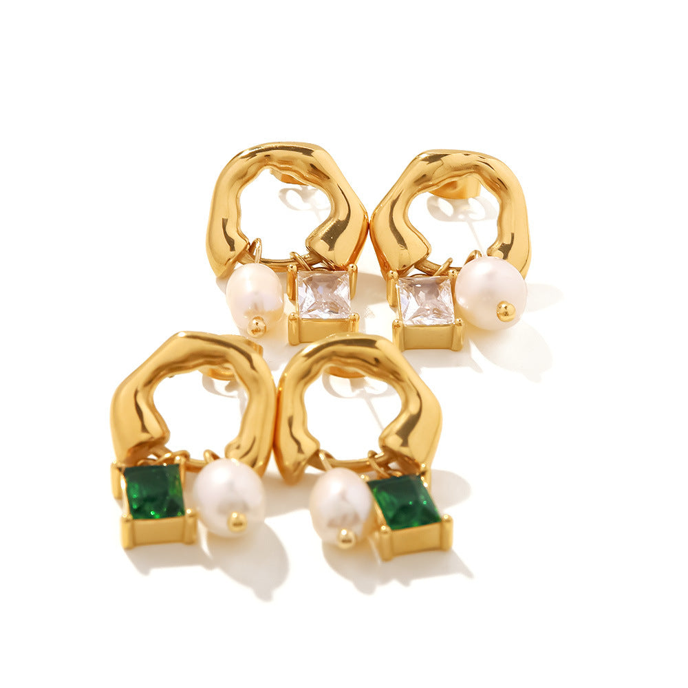 Retro Irregular 18k Gold Plated Stainless Steel Drop Earrings with Zircon and Freshwater Pearl