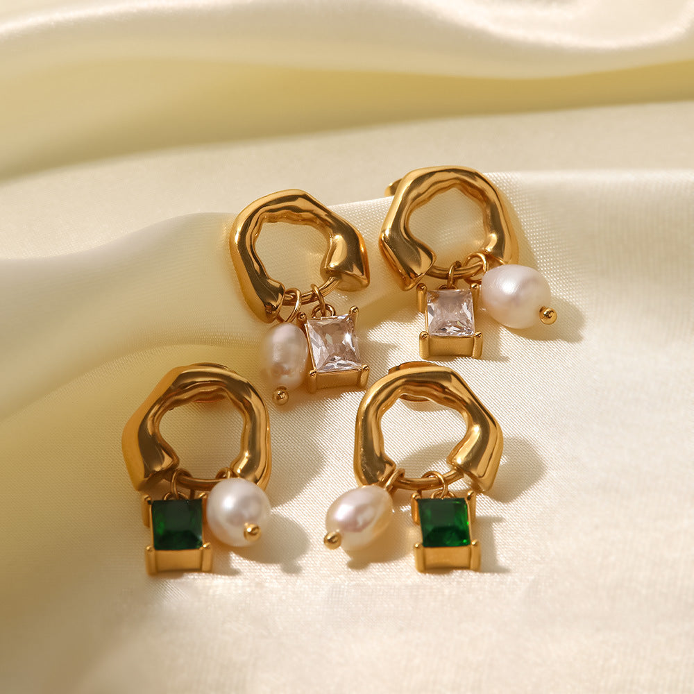 Retro Irregular 18k Gold Plated Stainless Steel Drop Earrings with Zircon and Freshwater Pearl