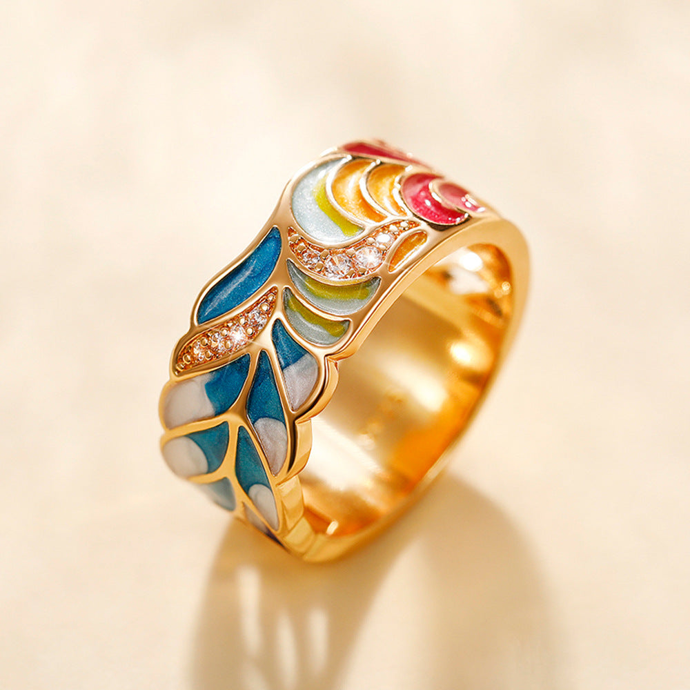 Retro Copper Enamel Zircon Punk Ring with Porcelain Pattern