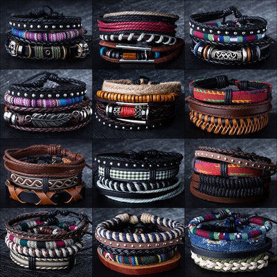 Retro Multi-layer Braided Leather Beaded Bracelet Set for Men