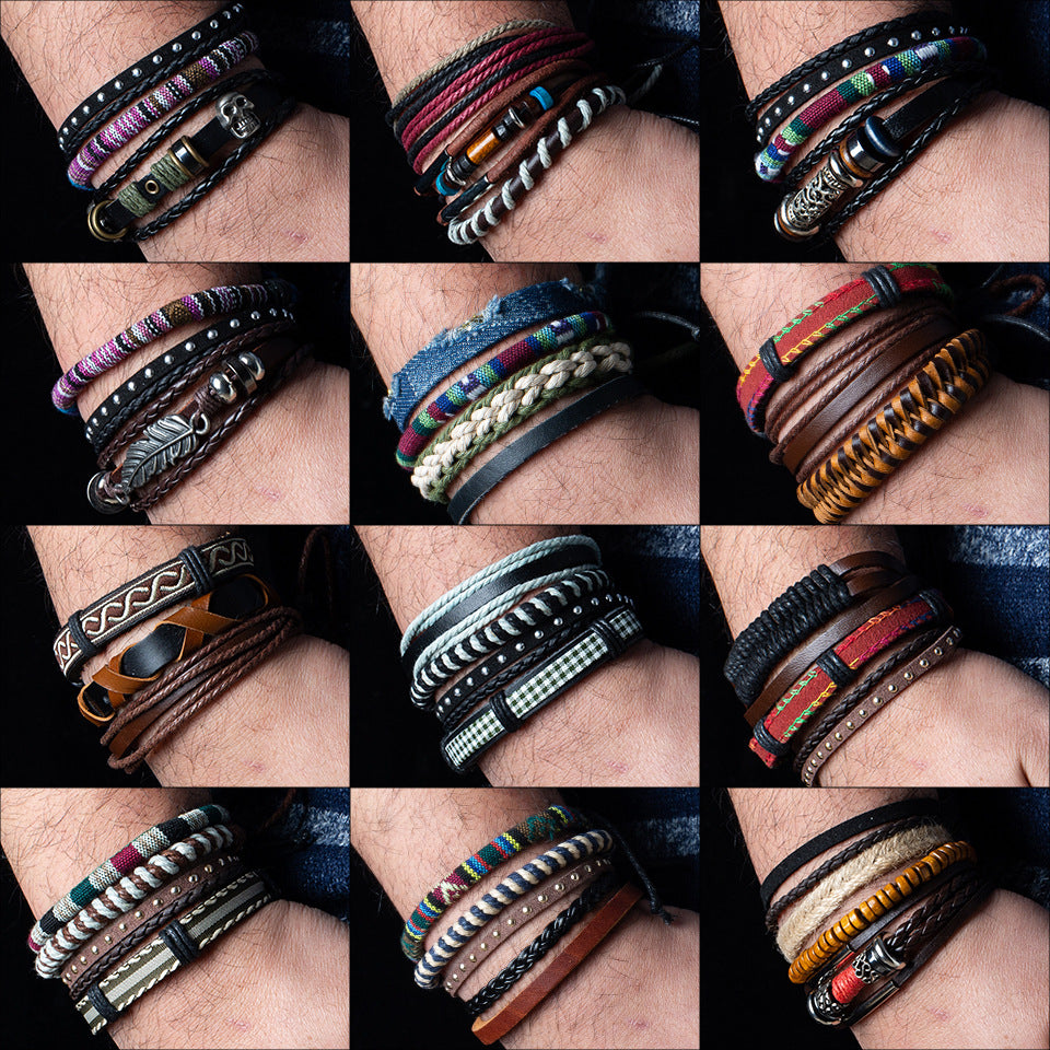 Retro Multi-layer Braided Leather Beaded Bracelet Set for Men